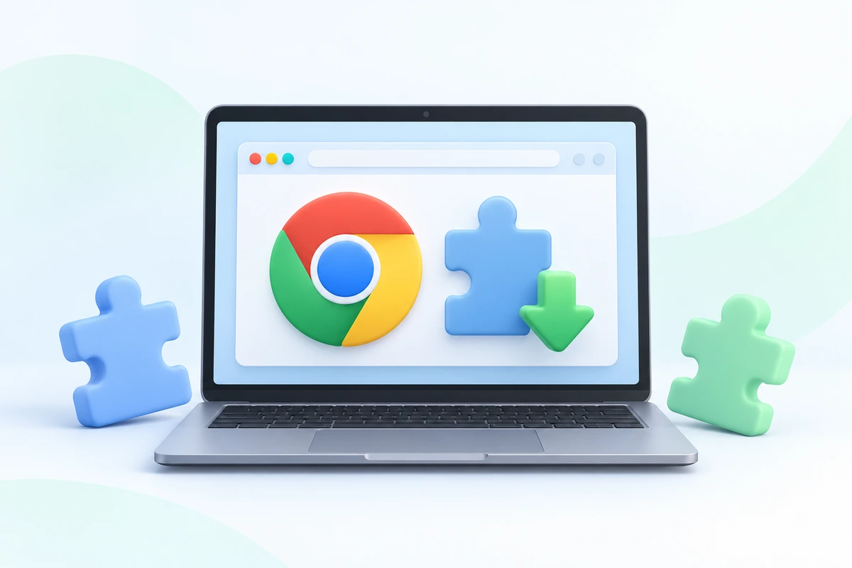 Установка расширения Chrome: браузер, значок расширения и стрелка скачивания