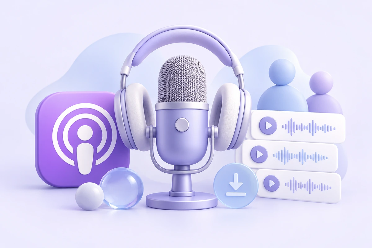 Микрофон, наушники и эпизоды подкаста Apple Podcasts